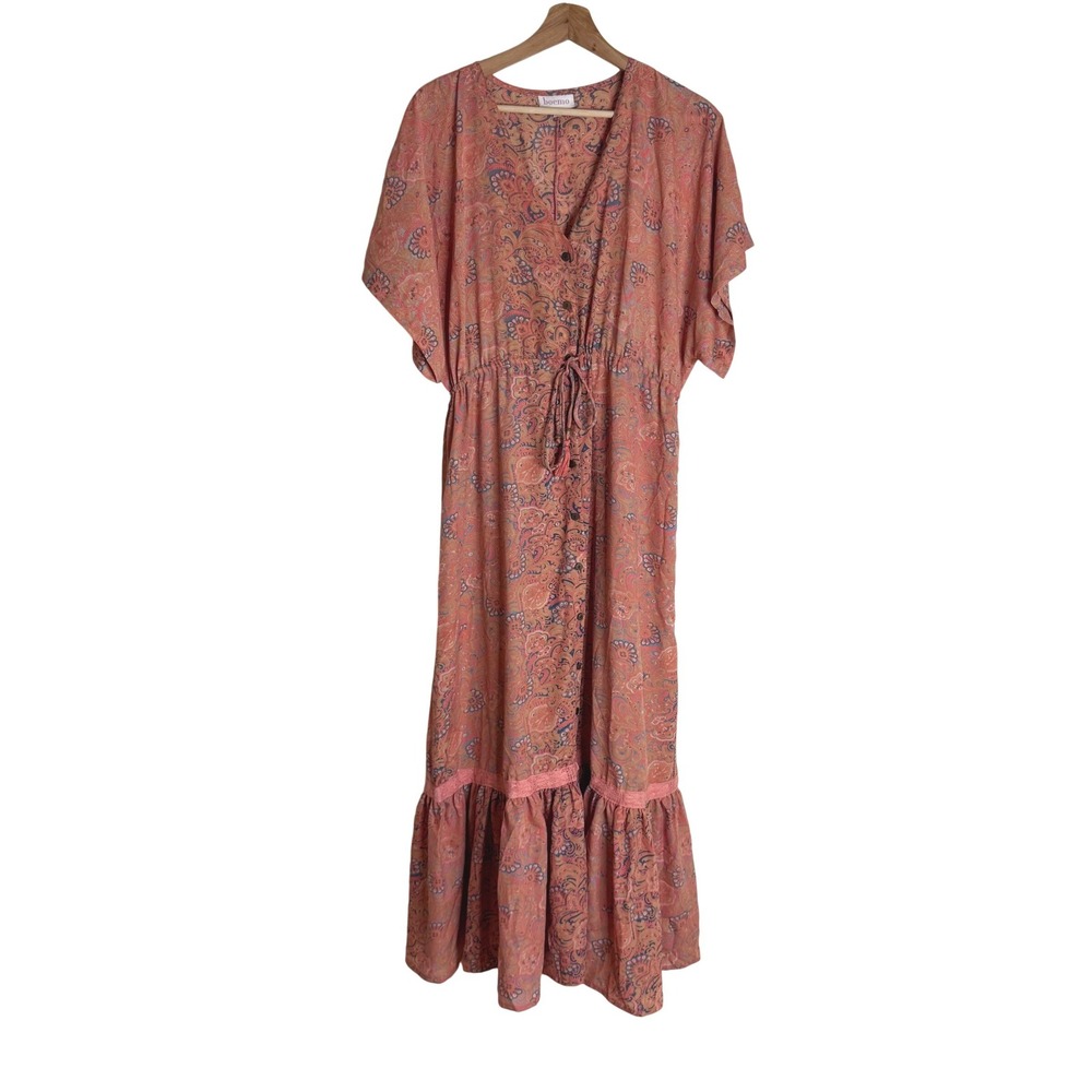 Boemo Dress Women's Boho Paisley Ruffle Hem Button Front Midi Pink Size M